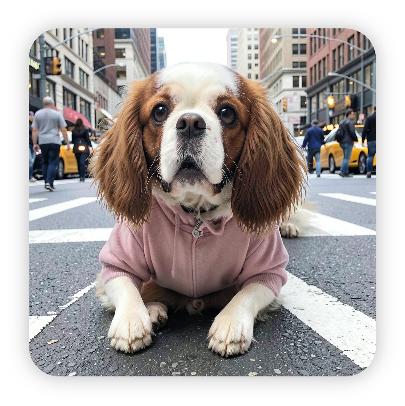 The transported result: the reference spaniel at a busy city crosswalk.