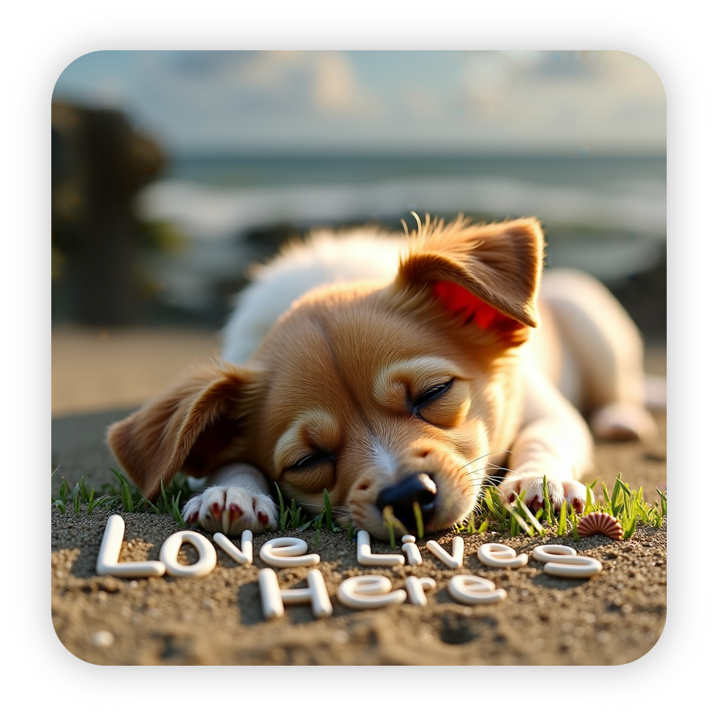 The transported result: the small sleeping dog on the target beach.