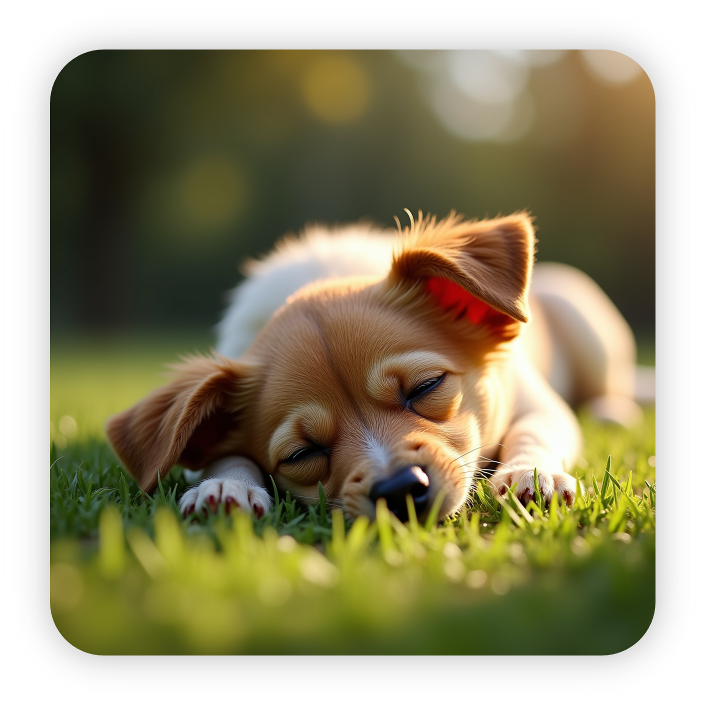 A small dog sleeping in a sunlit patch of grass.