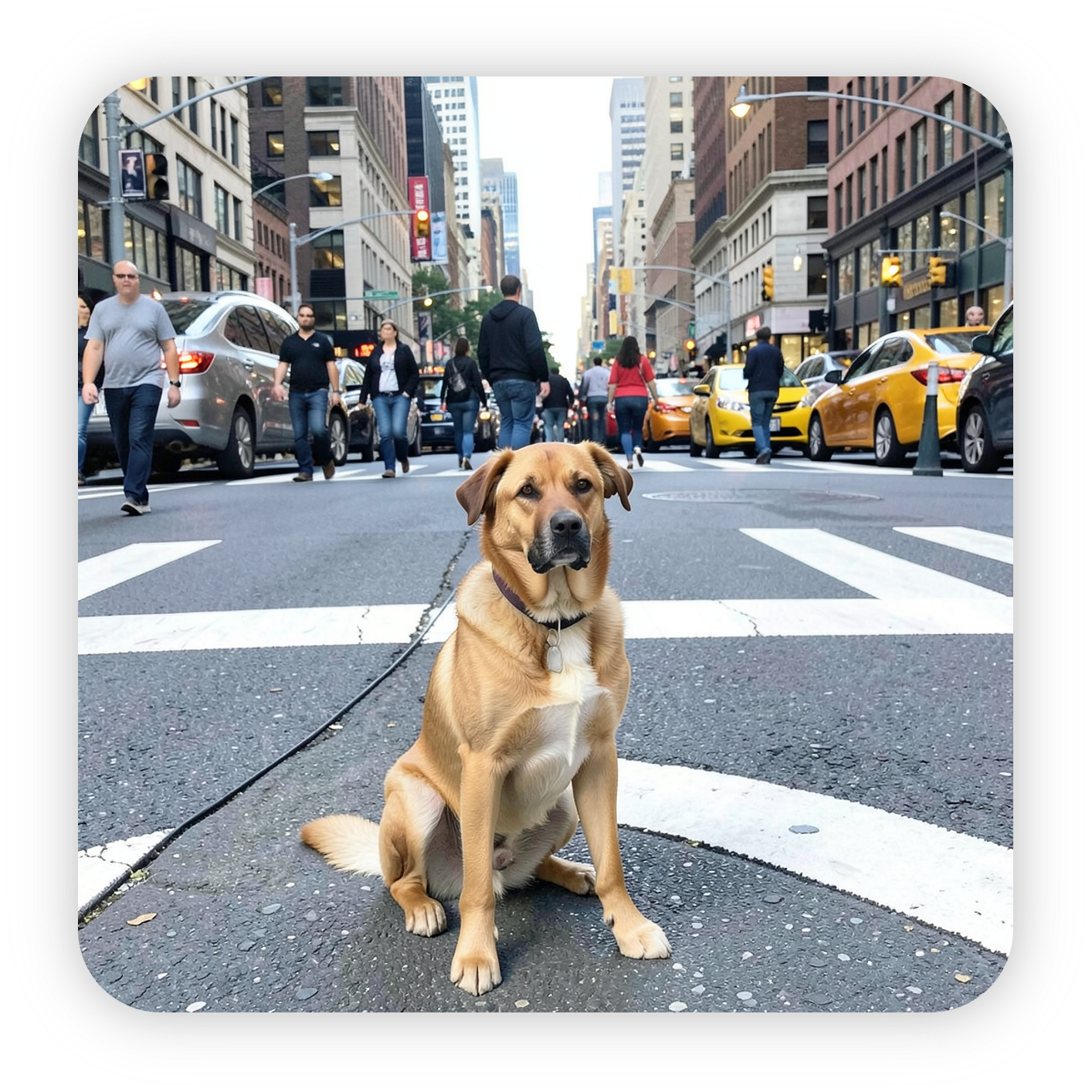 A dog sitting at a busy city crosswalk.