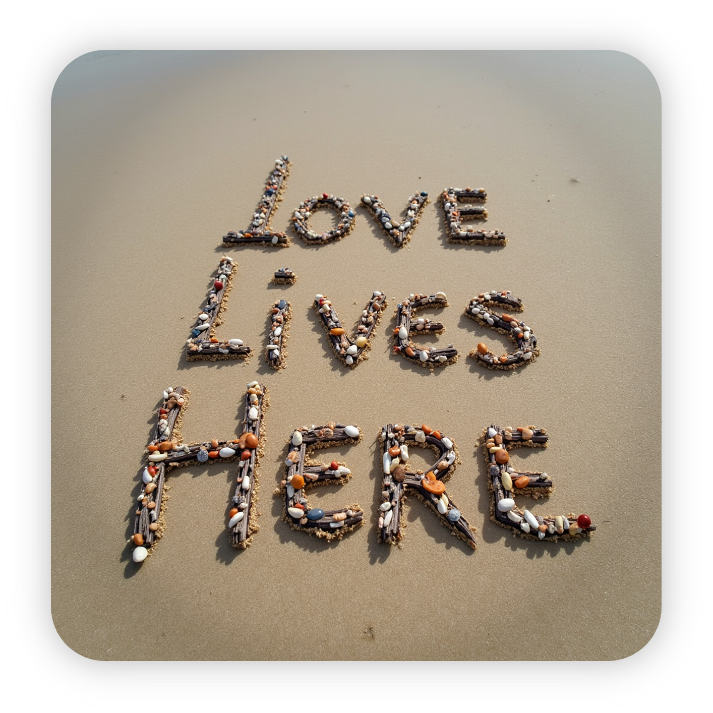 The words Love Lives Here written with seashells on a sandy beach.