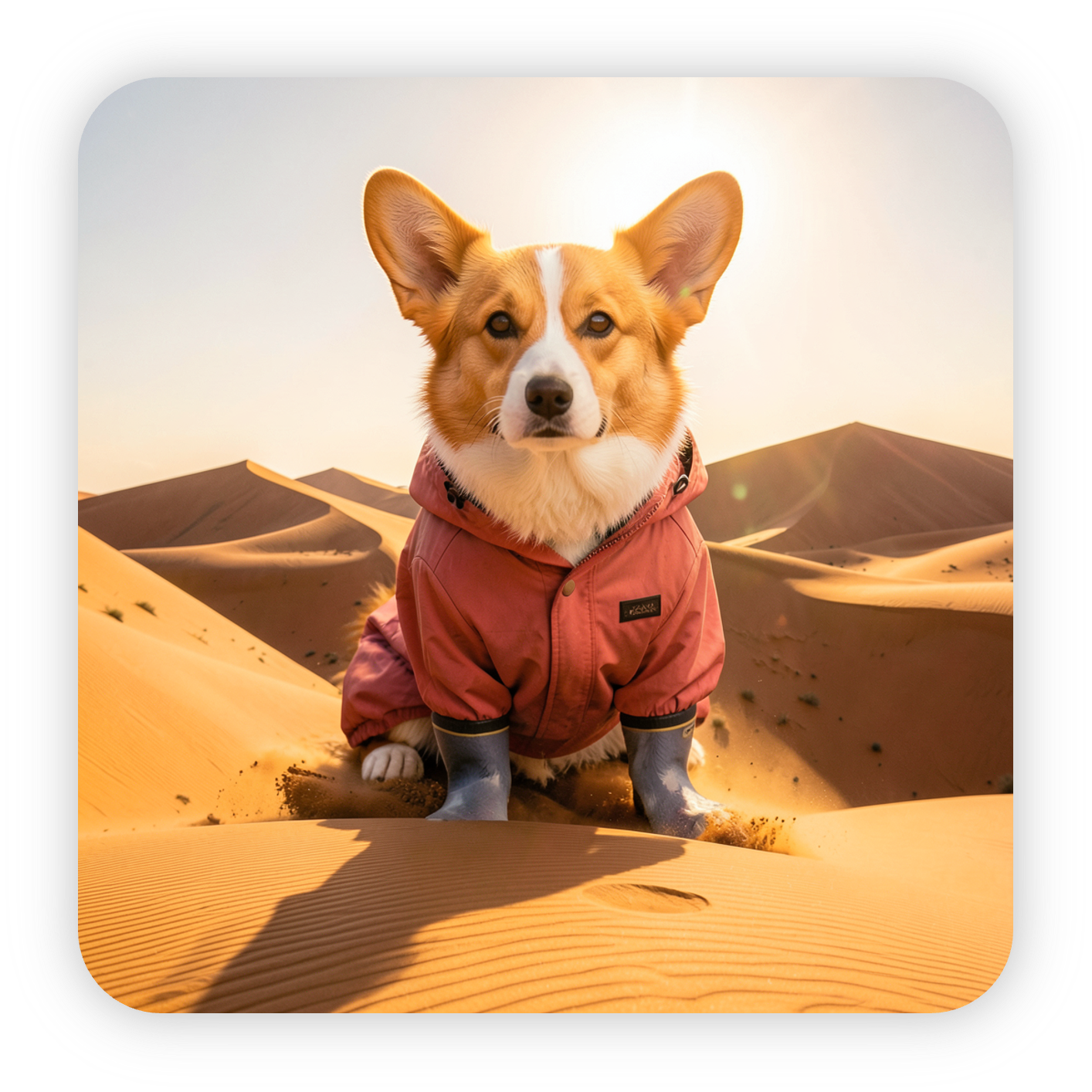 Corgi transported into the desert scene.