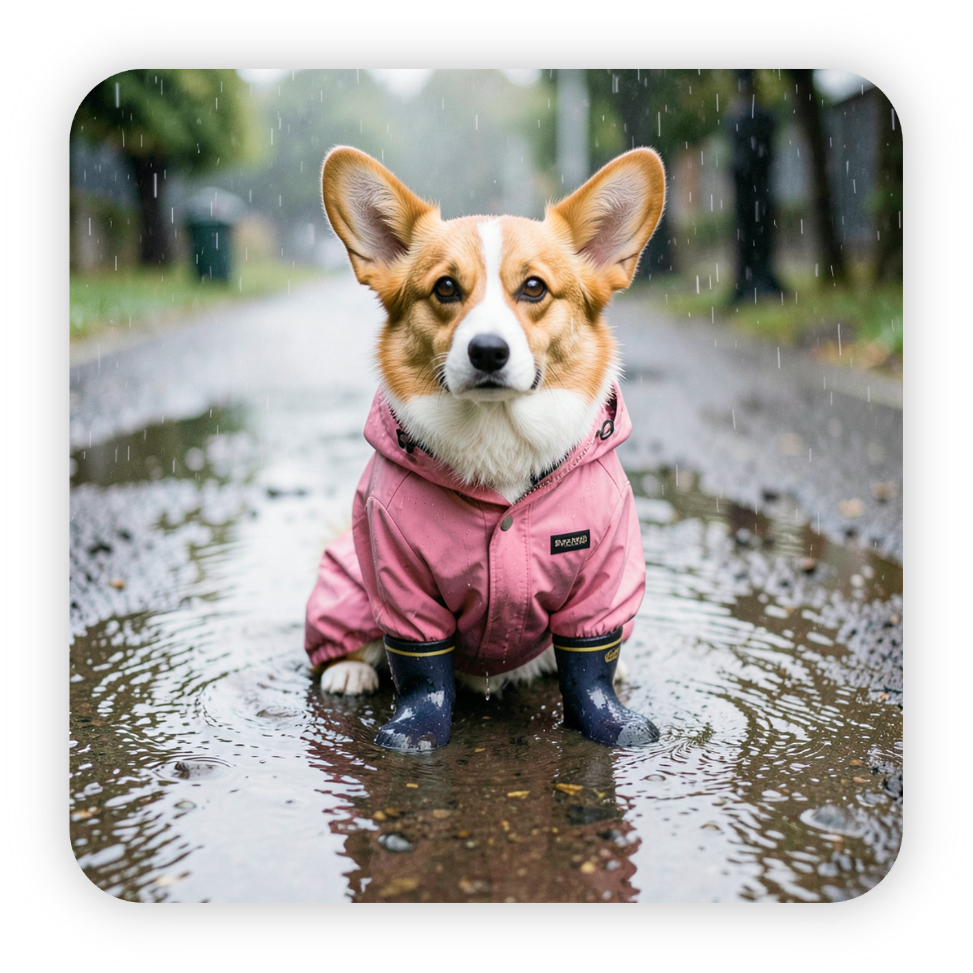 Source corgi wearing a pink rain jacket.